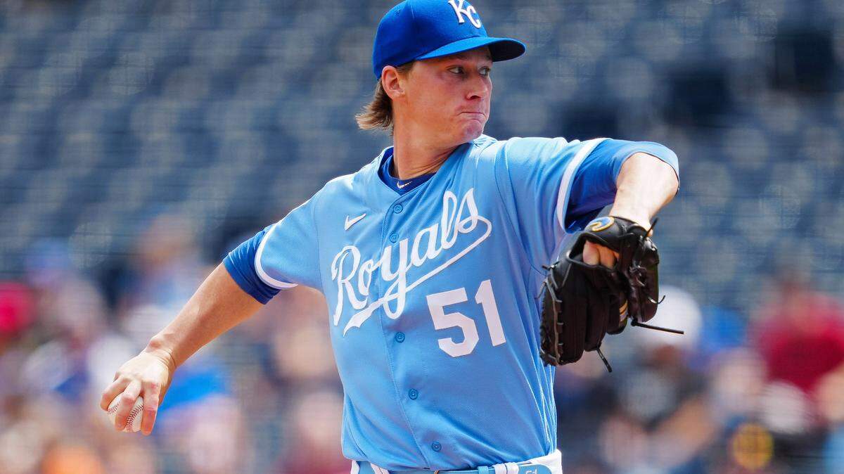 Apr 19, 2023; Kansas City, Missouri, USA; Kansas City Royals starting pitcher Brady Singer (51) pitches during the second inning against the Texas Rangers at Kauffman Stadium. Mandatory Credit: Jay Biggerstaff-USA TODAY Sports