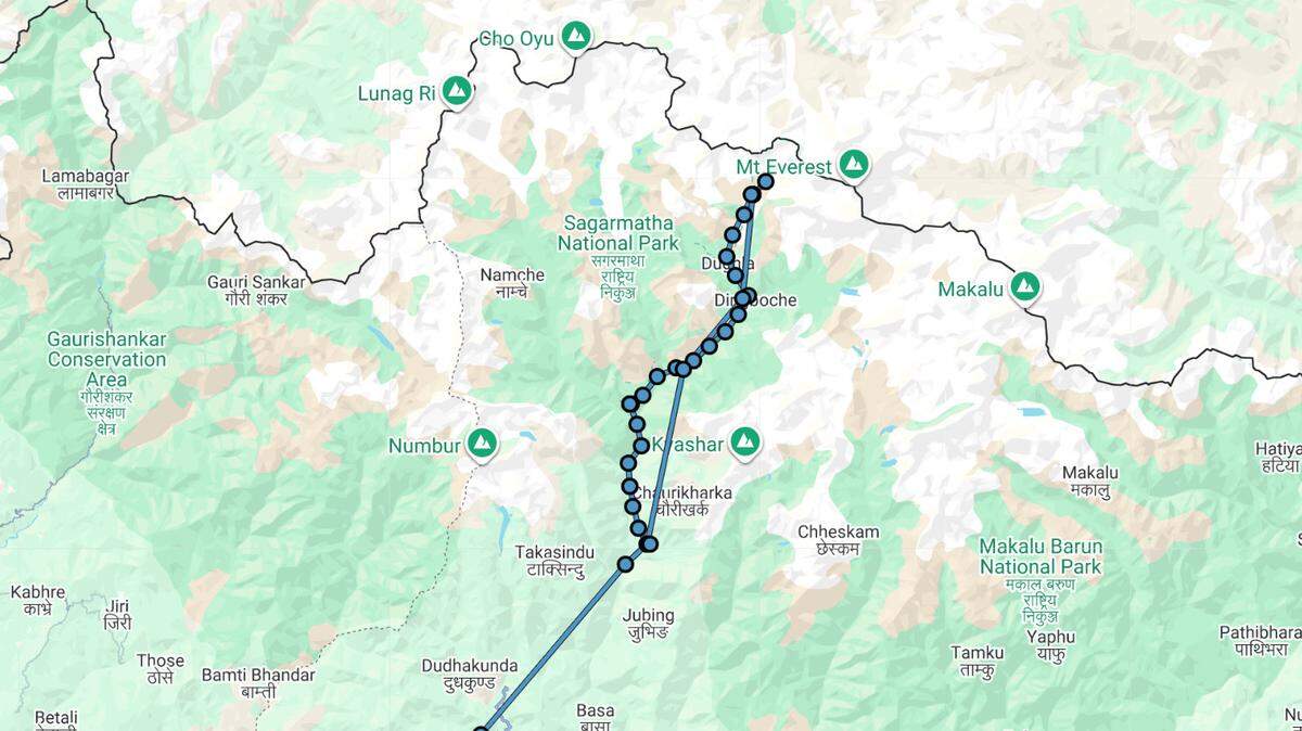A screenshot from a Garmin GPS tracker that shows the path Dave McClung, 82, took to reach the South Base Camp of Mount Everest on Sunday, October 19, 2025.