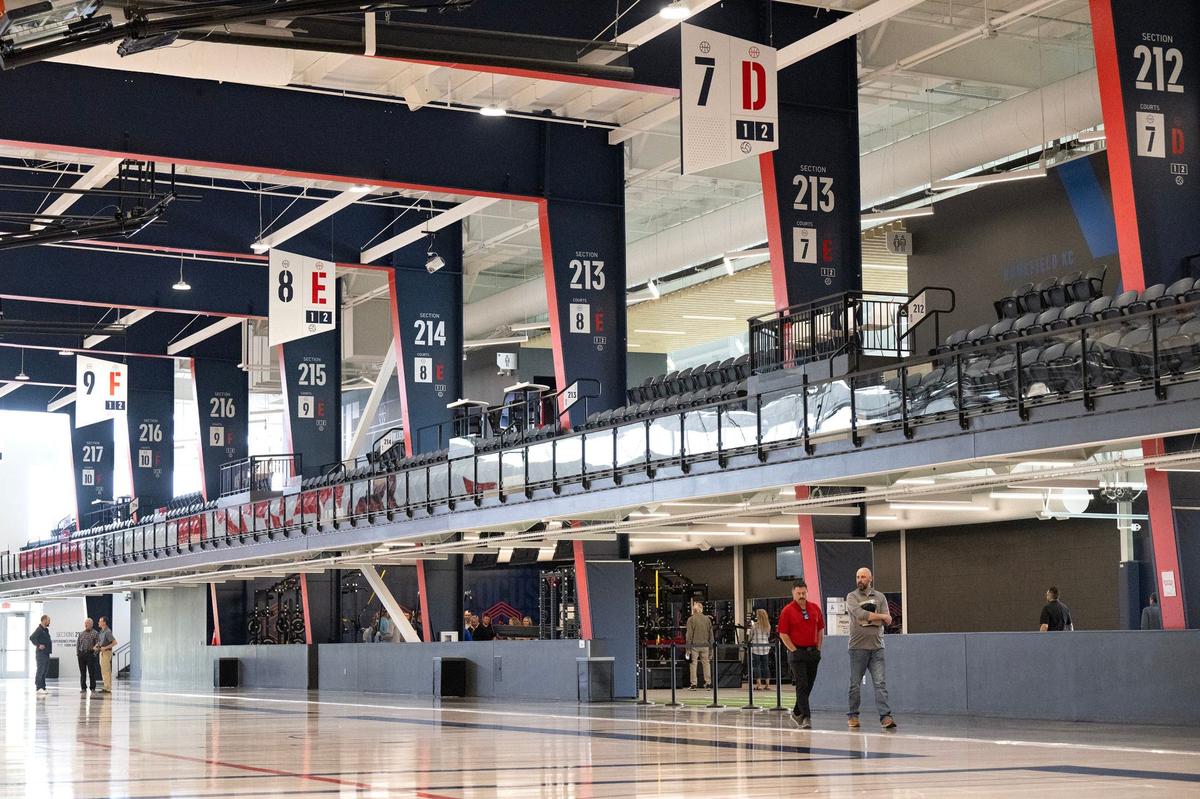 Guests tour Homefield Kansas City, a new $60 million indoor youth sports facility, during an April 2024 opening event in Kansas City, Kansas.