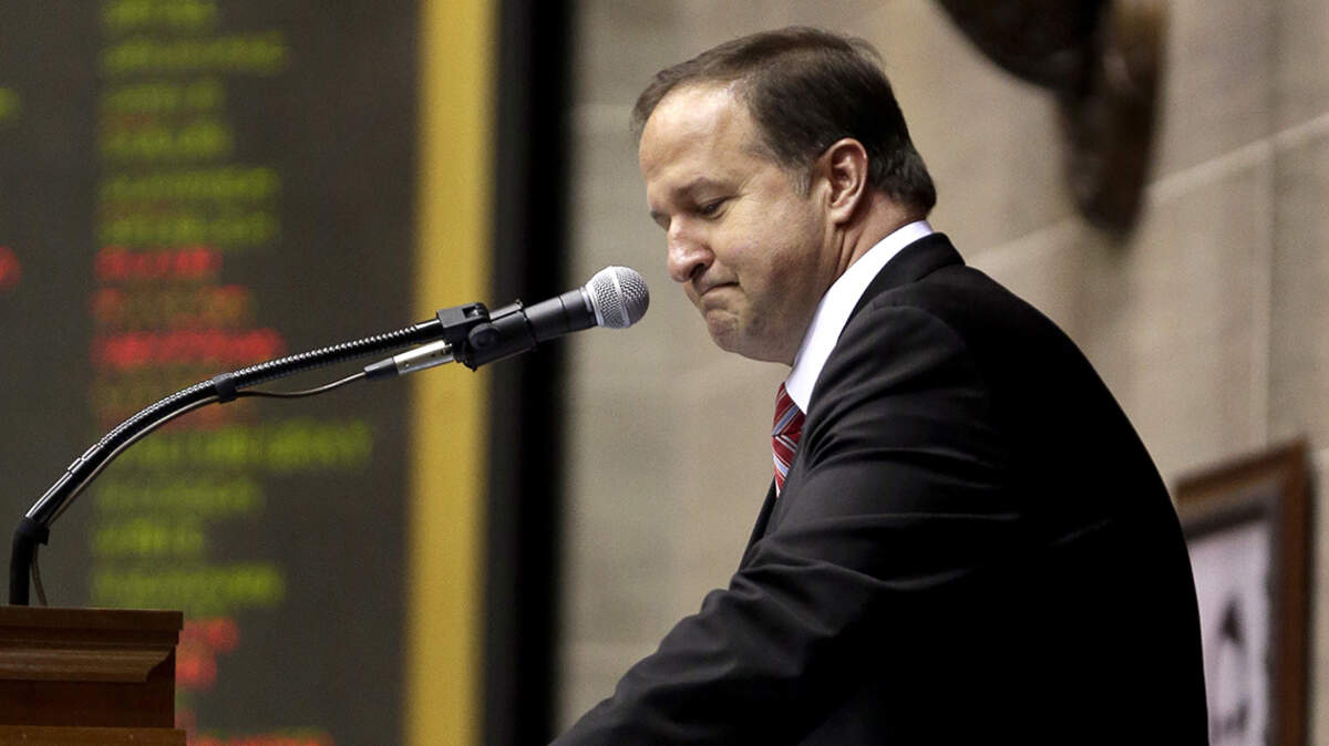 In this May 15, 2015 file photo, Missouri Republican House Speaker John Diehl, who acknowledged exchanging sexually suggestive text messages with a Capitol intern, addresses the body for the final time before resigning.