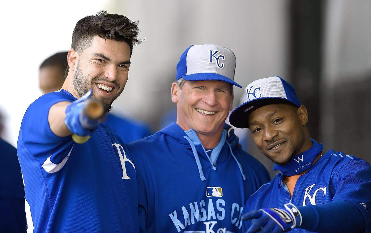 Posing for a quick photo during spring training 2015 in Surprise, Arizona, were Kansas City Royals first baseman Eric Hosmer (from left), third base coach Mike Jirschele and speedy utilityman Jarrod Dyson.