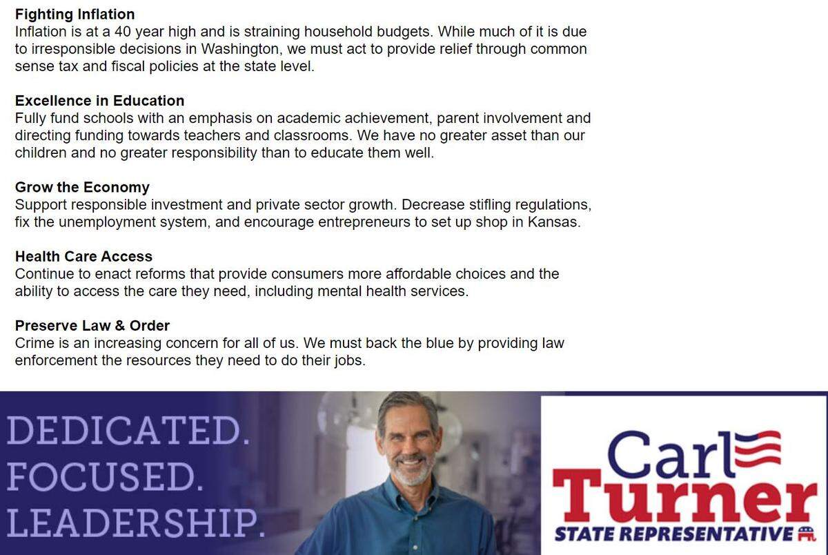 Rep. Carl Turner’s website no longer mentions abortion when accessed on Oct. 19.