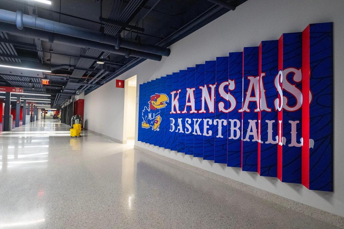 Updated graphics in a renovated concourse are part of the renovations to Allen Fieldhouse in Lawrence.