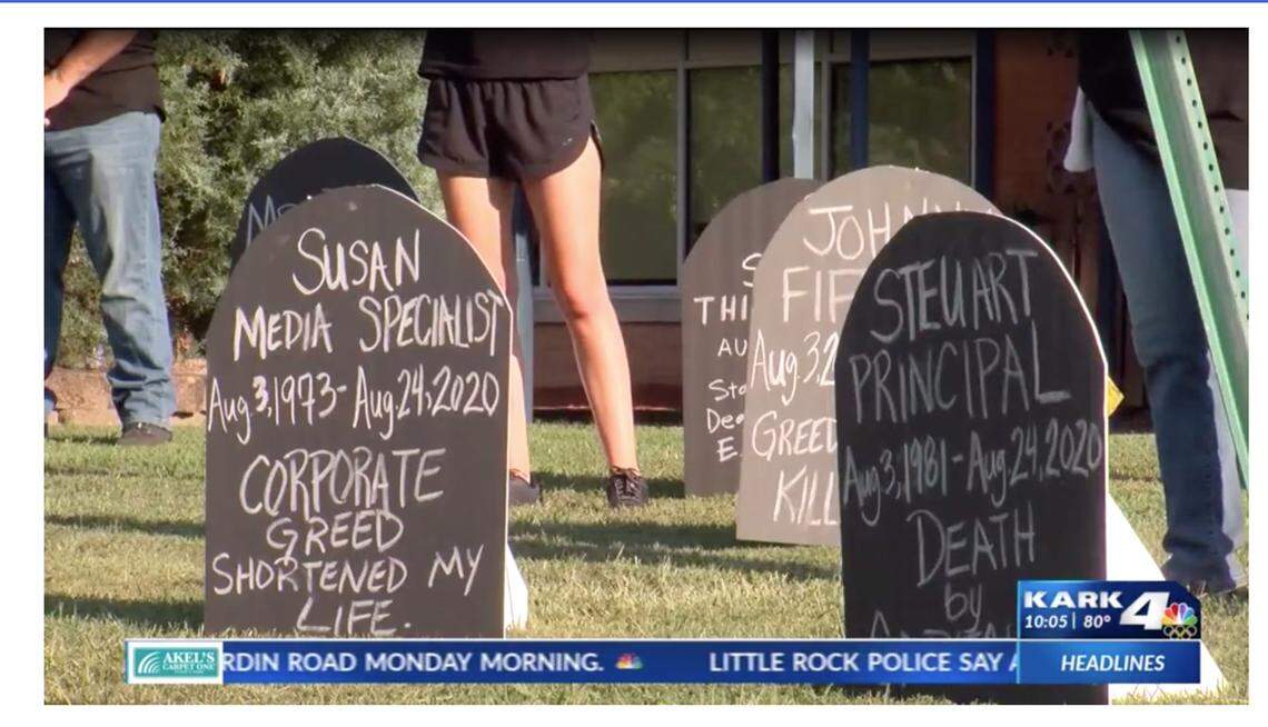 Parents, teachers and community members gathered on the lawn of Brady Elemenatry School in Little Rock to protest on-site classes during the coronavirus pandemic. The group placed faux tombstones bearing the names of educators on the lawn in an effort to illustrate lives they say could be lost if schools are allowed to reopen.