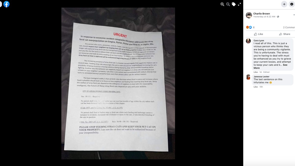 Police are investigating after a Missouri man says someone distributed a letter threatening to kill outdoor cats throughout his neighborhood.