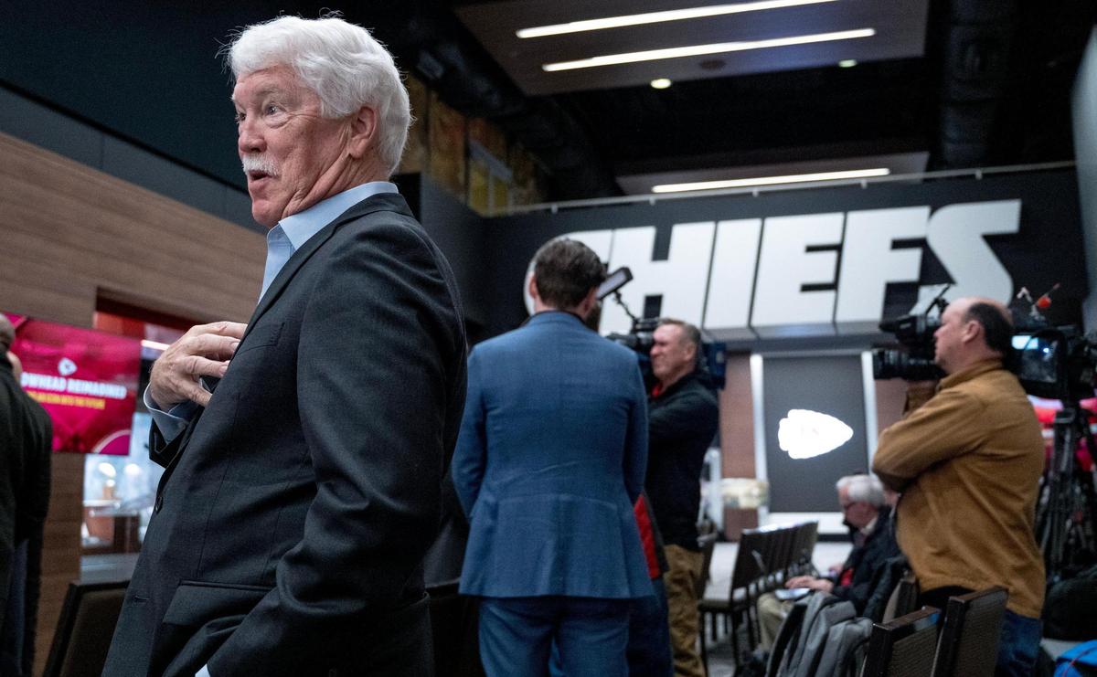 John Sherman, owner of the Kansas City Royals, speaks to a reporter following a press conference detailing proposed renovations to Arrowhead Stadium on Wednesday, Feb. 28, 2024, in Kansas City.