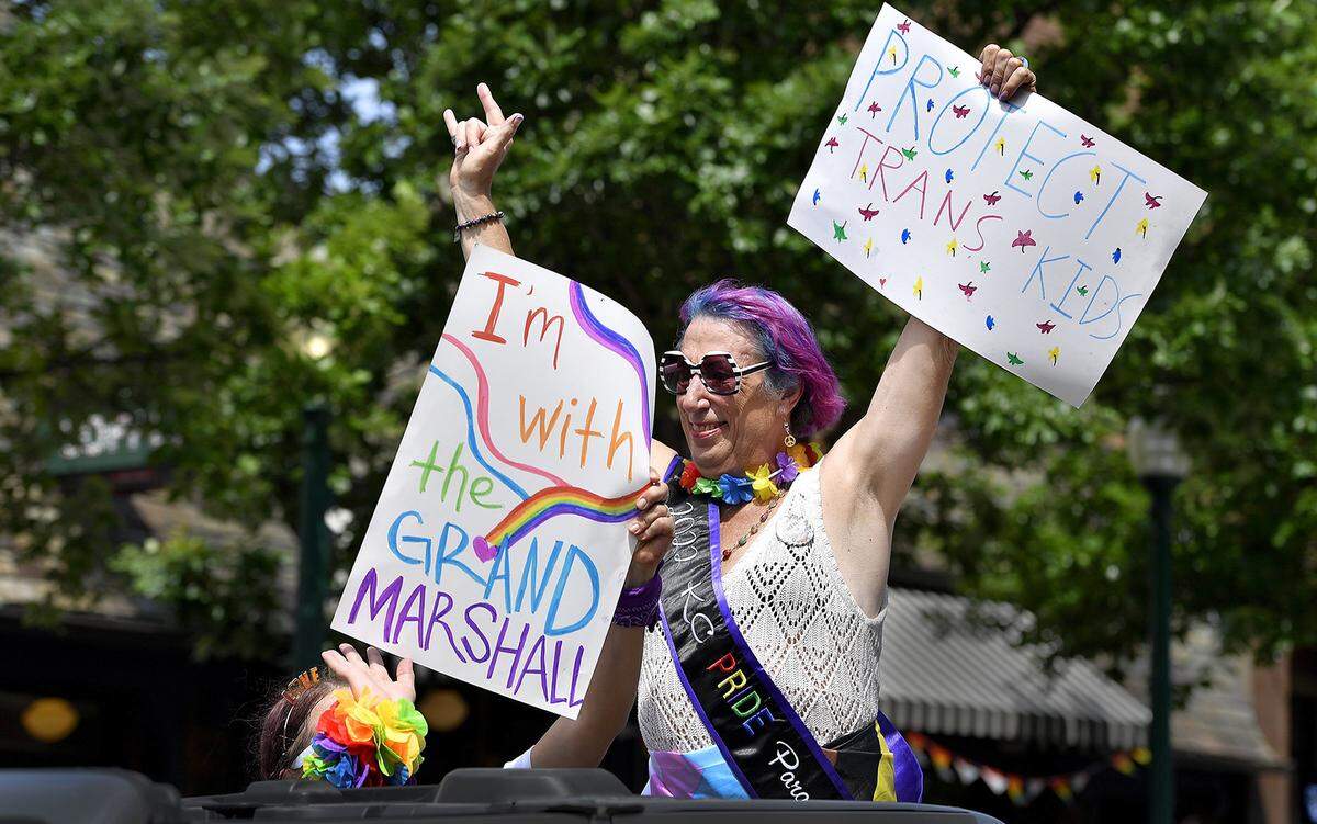 Samantha Ruggles, grand marshal for the 2022 KC Pride Parade, greeted the crowd gathered in Westport at the start of the procession down Broadway to Theis Park.
