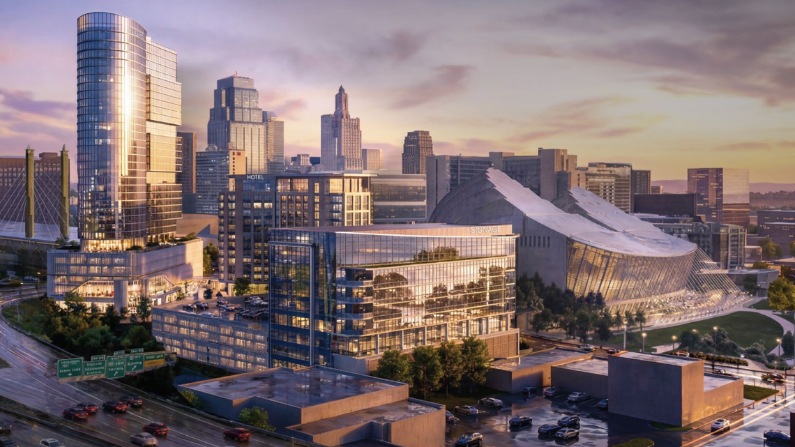 A rendering of a proposed development in Kansas City’s Crossroads that would include a new high-rise apartment building, a luxury hotel and an office building.