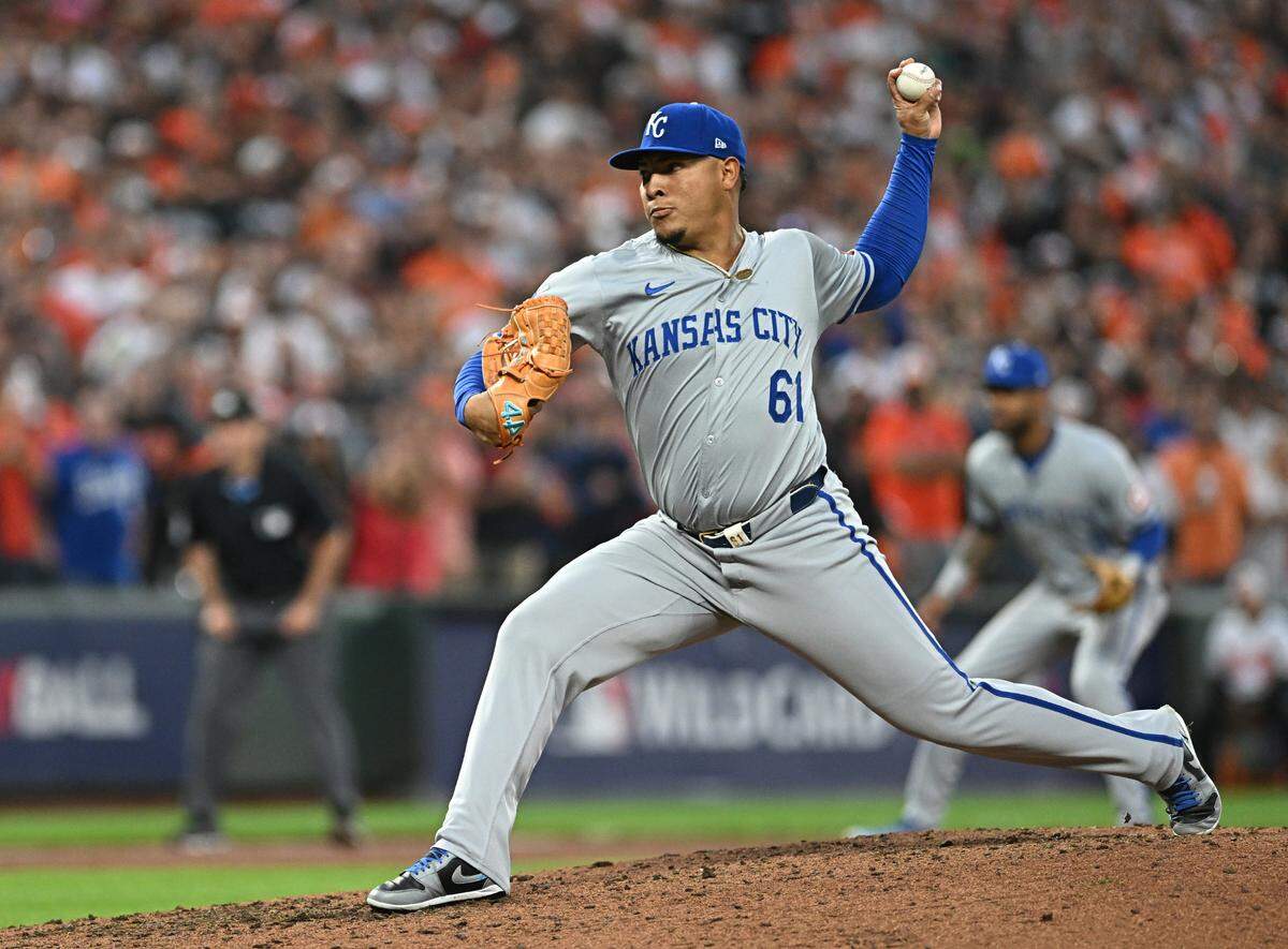 Kansas City Royals pitcher Angel Zerpa (61) throws a pitch against the Baltimore Orioles in the fifth inning in Game 2 of the Wild Card round at Oriole Park at Camden Yards on Oct. 2.