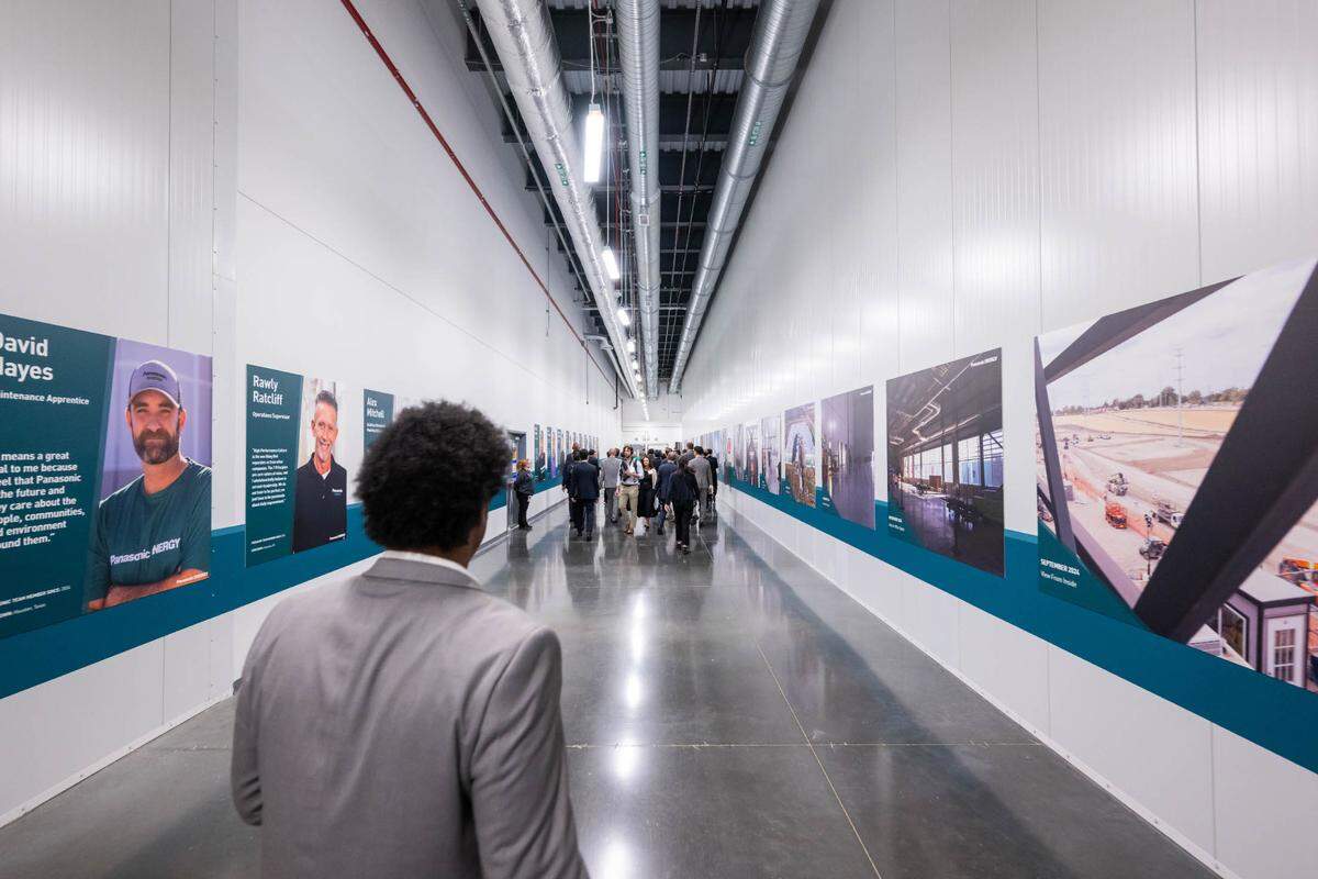 Visitors enter for the first time the new Panasonic electric vehicle battery plant on Monday, July 14, 2025 in De Soto, Kansas. The plant is the largest ever built by Panasonic and is expected to create thousands of jobs.