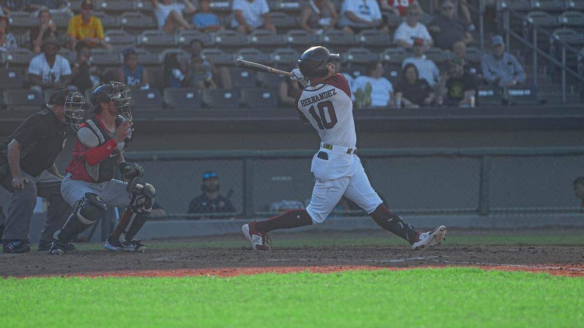 Kansas City Monarchs outfielder Jan Hernandez swings during the Monarchs’ game against the Cleburne Railroaders on Friday.