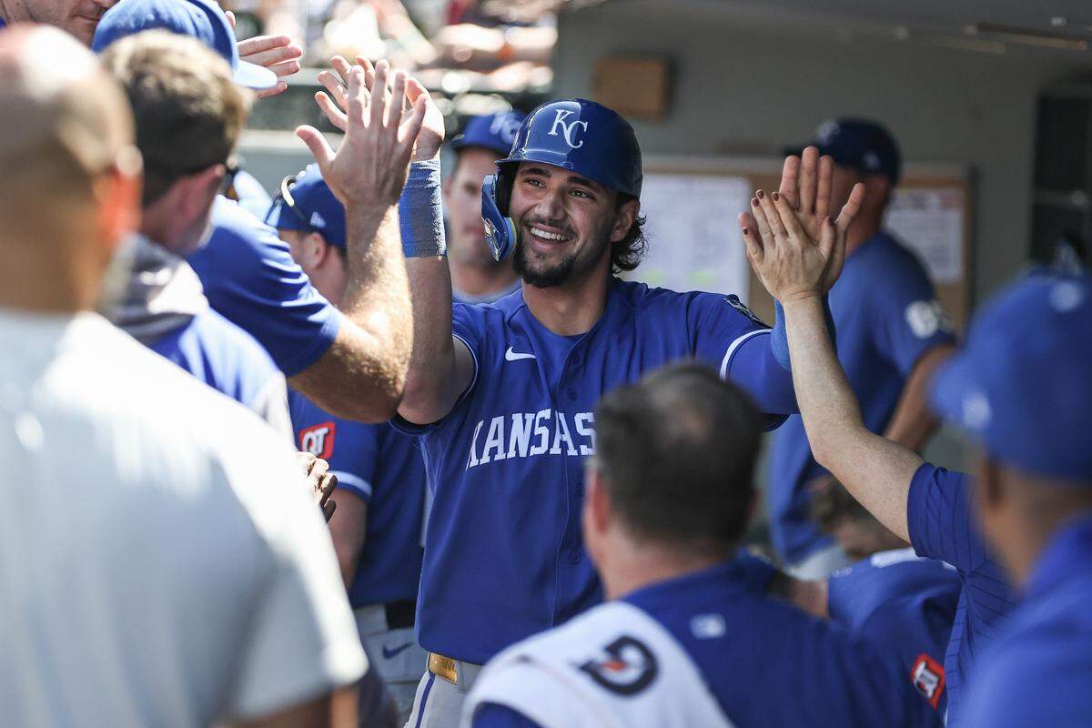 Jac Caglianone #14 of the Kansas City Royals celebrates after scoring during the sixth inning against the Seattle Mariners at T-Mobile Park on May 03, 2026 in Seattle, Washington.