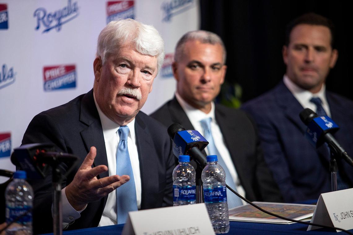 Royals owner John Sherman, seen here with team president Dayton Moore and manager Mike Matheny, led an ownership group that acquired the team in 2019. The entrepreneur who built his career in Kansas City is the third owner of the Royals since the team was founded in 1969.
