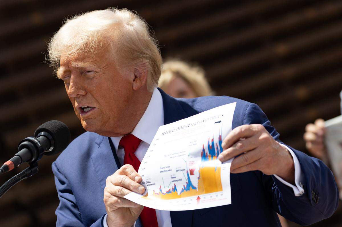 Former President Donald J. Trump holds up a graph on illegal immigration while speaking on Aug. 22, 2024, in Sierra Vista, Arizona.