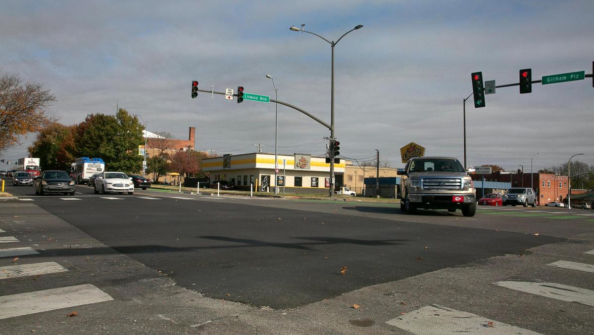 Linwood Boulevard is one of the most dangerous streets in the Kansas City area, with 37 pedestrians and cyclists injured by vehicles and one killed. The street is pictured at the intersection of Gilham Plaza.