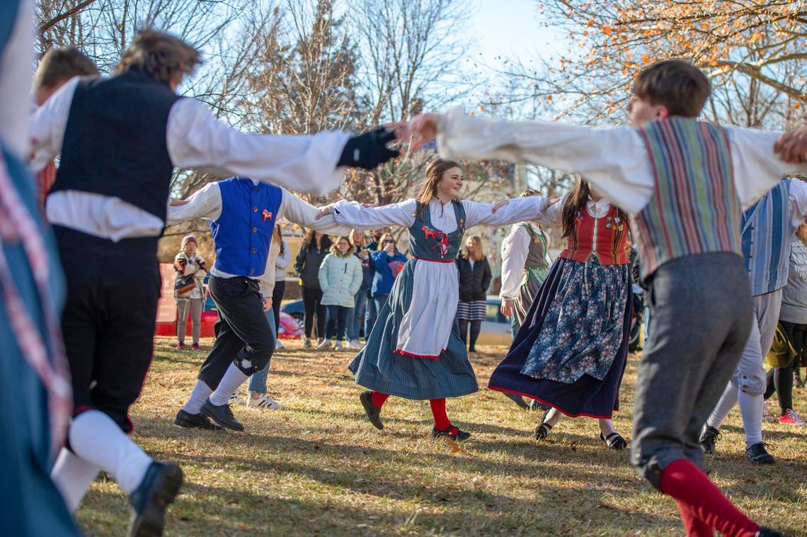 Lindsborg Swedish folk dancers from Smokey Valley High School perform a dance during the St. Lucia Festival on Dec. 10.