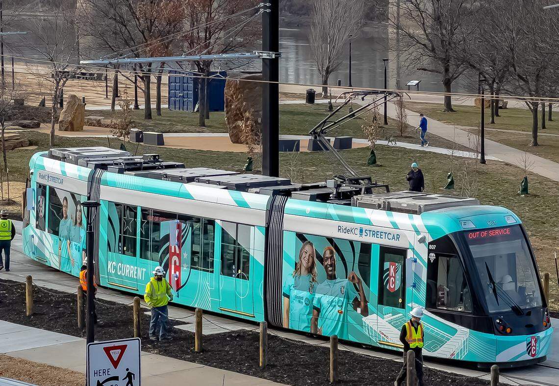 A Kansas City streetcar pulls into the Berkley Riverfront area on Wednesday, Dec. 17, as preliminary testing on the new streetcar line extension from the River Market began.
