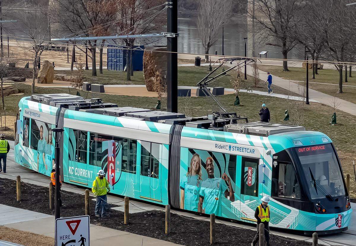 A Kansas City streetcar pulls into the Berkley Riverfront area on Wednesday, Dec. 17, as testing on the new streetcar line extension from the River Market gets underway.