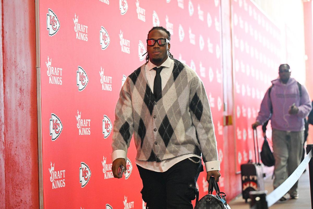 Kansas City Chiefs offensive tackle Wanya Morris arrives before the Chiefs’ game with the Las Vegas Raiders on Friday, Nov. 29, 2024, at GEHA Field at Arrowhead Stadium.