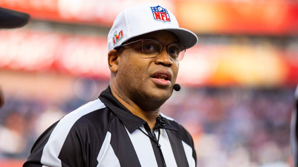 Feb 13, 2022; Inglewood, CA, USA; NFL referee Ron Torbert during the Cincinnati Bengals game against the Los Angeles Rams in Super Bowl LVI at SoFi Stadium. Mandatory Credit: Mark J. Rebilas-USA TODAY Sports
