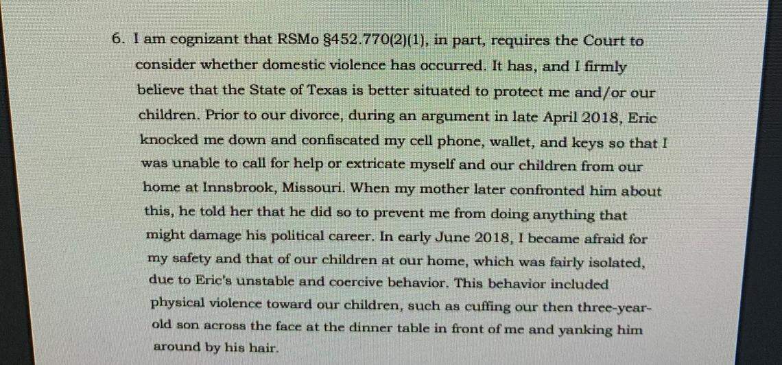 A portion of the affidavit filed Monday by Sheena Greitens, ex-wife of former Missouri Gov. Eric Greitens. Eric Greitens is running for U.S. Senate. Sheena Greitens says he was abusive.