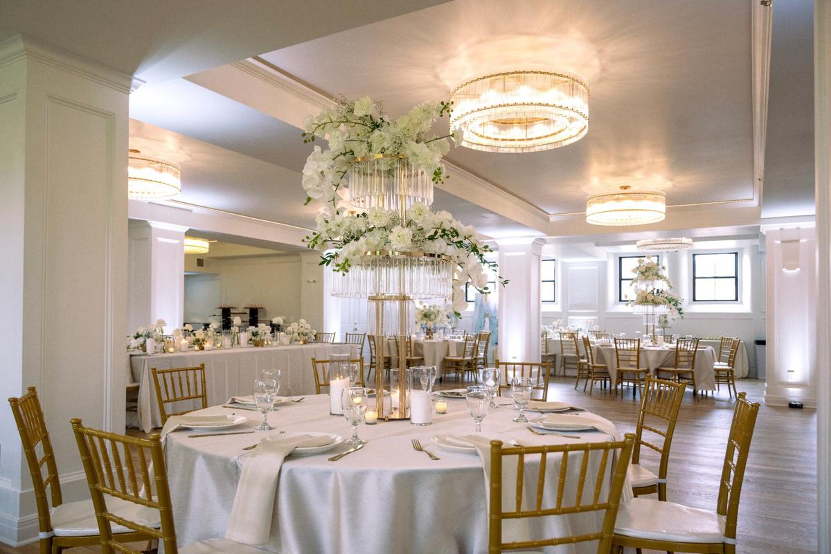 The reception space in the ground floor at Melrose Abbey, a luxury wedding and event venue created from Westport’s 102-year-old Broadway Baptist Church.