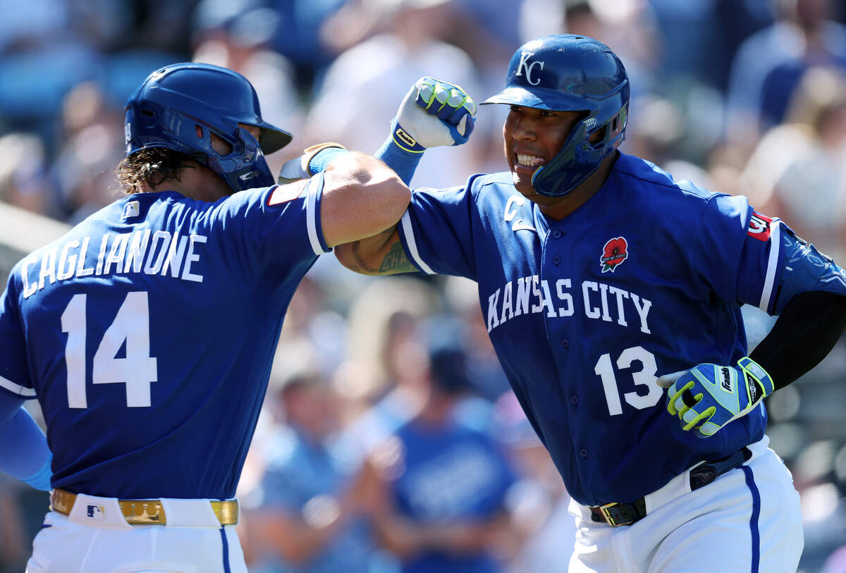 Royals catch Salvador Perez, right, is congratulated by right fielder Jac Caglianone after hitting a home run against the New York Yankees at Kauffman Stadium in Kansas City on May 25, 2026.
