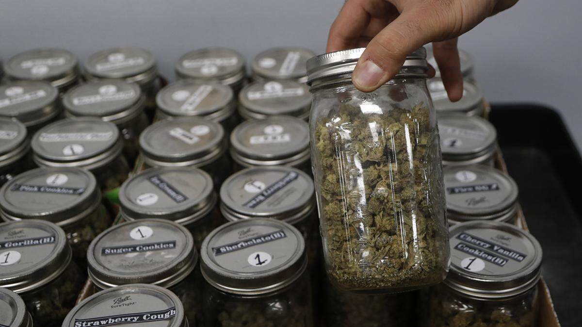 An attendant holds a mason jar of marijuana at the Far West Holistic Center dispensary, Wednesday, Nov. 7, 2018, in Detroit. 