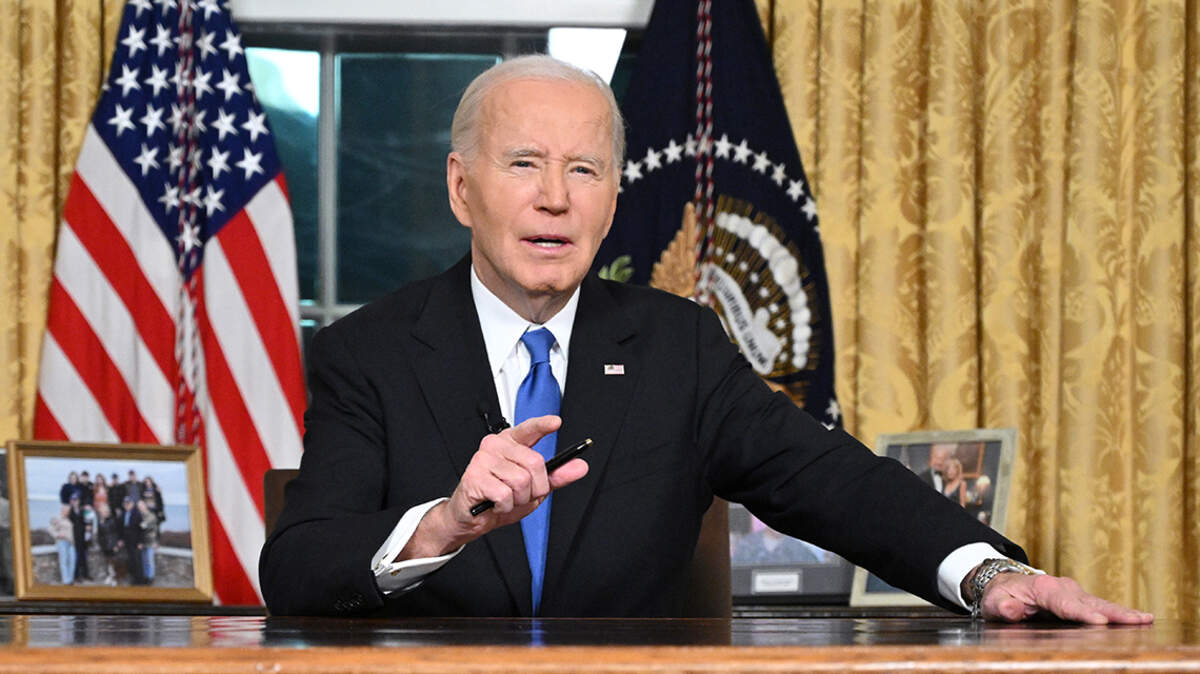 US President Joe Biden delivers his farewell address to the nation from the Oval Office of the White House in Washington, DC, on January 15, 2025. (Photo by Mandel NGAN / Pool / Sipa USA)