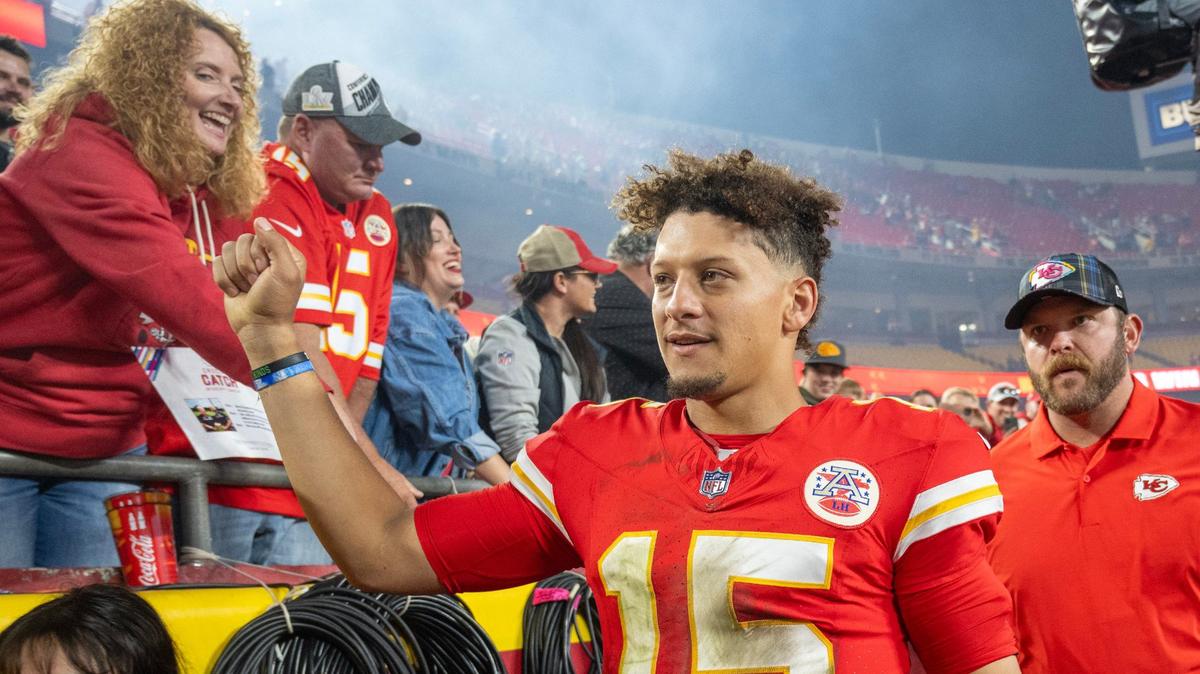 Chiefs quarterback Patrick Mahomes greets fans as he heads off the field after defeating the New Orleans Saints, 26-13, at GEHA Field at Arrowhead Stadium on Monday, October 7, 2024.