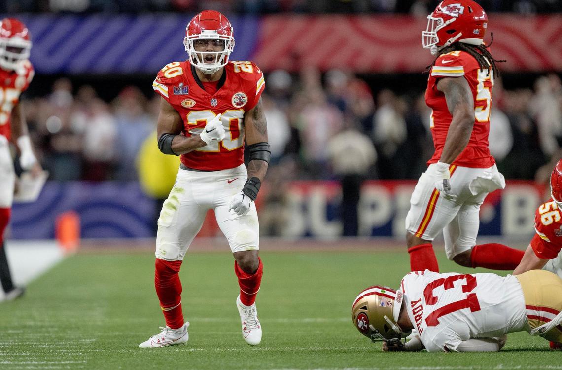 Justin Reid (20) after tackling San Francisco 49ers quarterback Brock Purdy during Super Bowl LVIII.