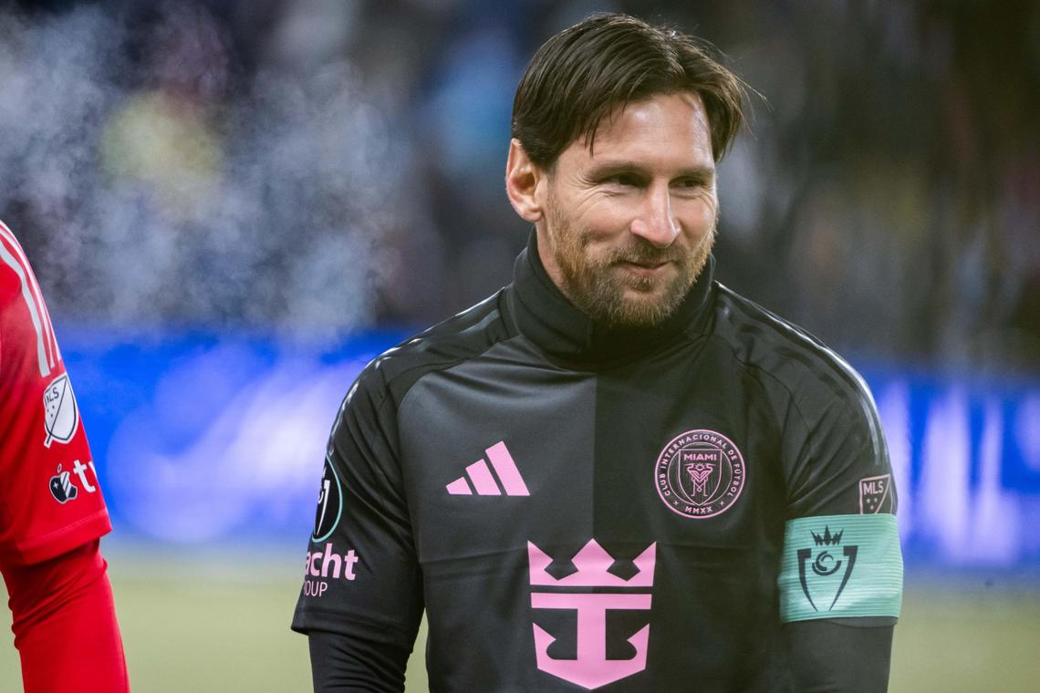 Inter Miami forward Lionel Messi smiles during player introductions ahead of a CONCACAF Champions Cup soccer match against Sporting KC on Wednesday, Feb. 19, 2025, at Children’s Mercy Park in Kansas City, Kansas.