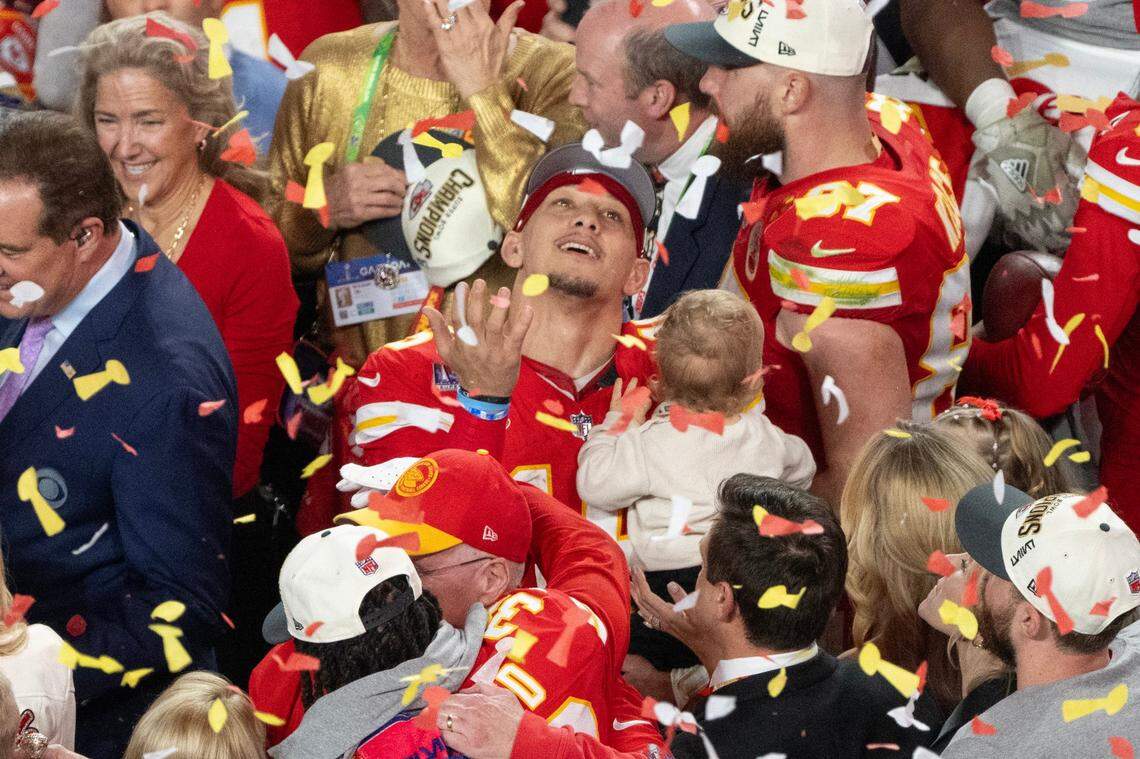 Kansas City Chiefs quarterback Patrick Mahomes watches confetti fall after the team’s Super Bowl LVIII victory over the San Francisco 49ers on Feb. 11 in Las Vegas.