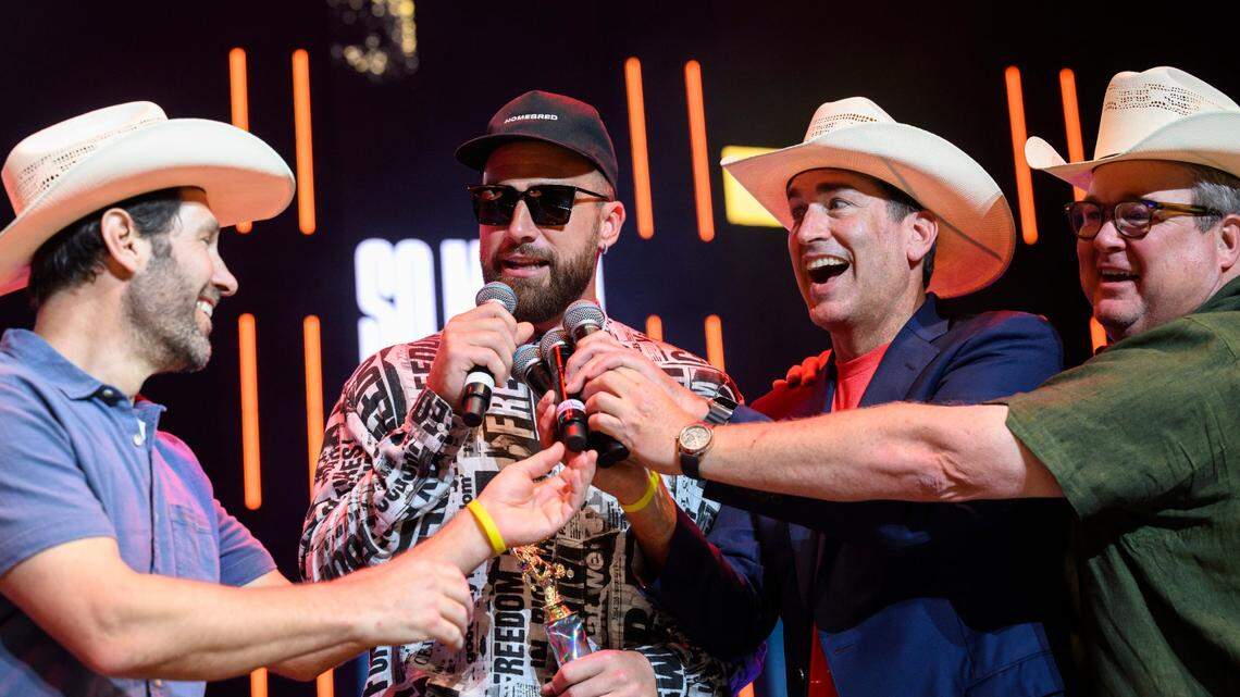 Big Slick hosts Paul Rudd, left, Rob Riggle and Eric Stonestreet with Kansas City Chiefs tight end Travis Kelce at last year’s Big Slick party and show at the T-Mobile Center. Early tickets go on sale Tuesday for this year’s events, May 31 and June 1.