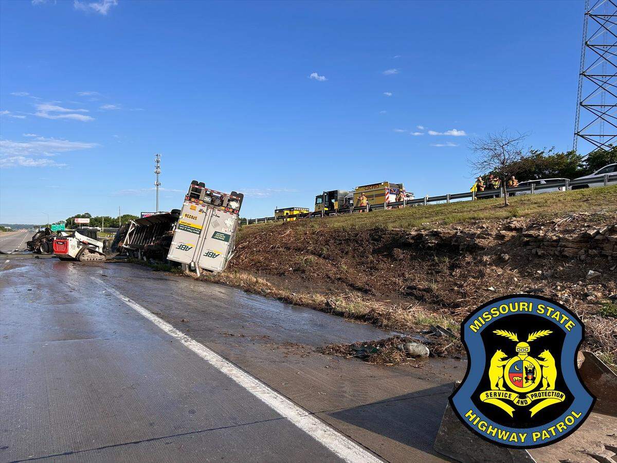 A mack truck stuck in a ditch after an early morning crash on I-70 on May 25, 2026. The 62-year-old driver was killed in the crash.