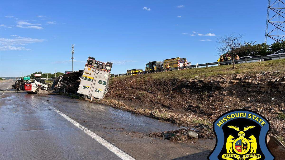 A mack truck stuck in a ditch after an early morning crash on I-70 on May 25, 2026. The 62-year-old driver was killed in the crash.