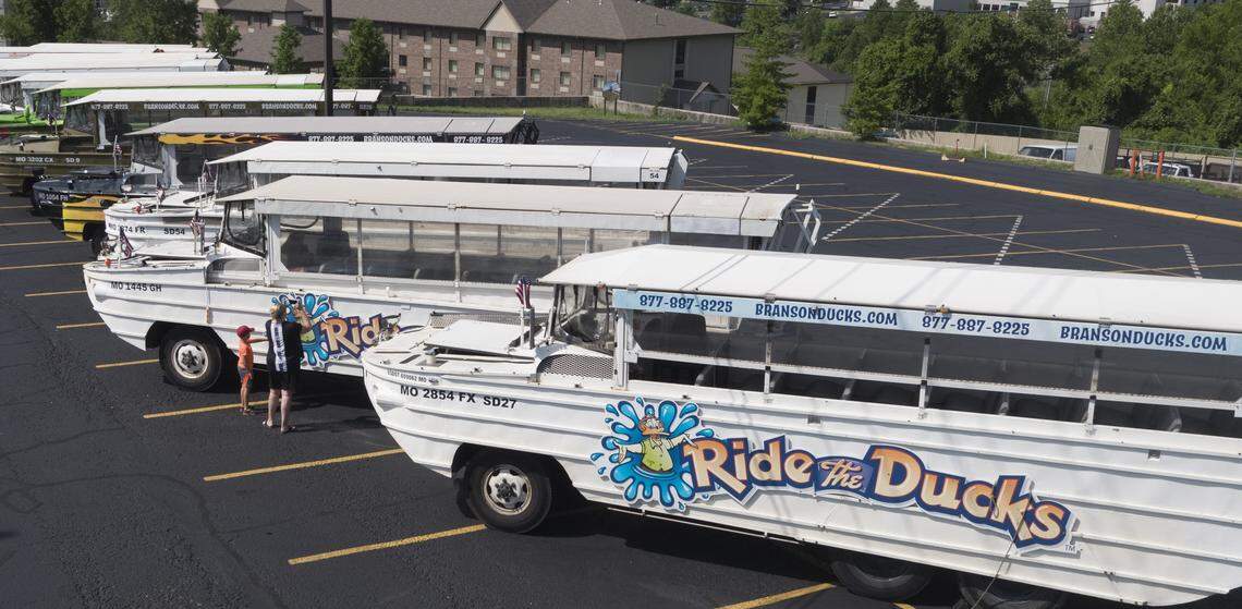 Boats in the parking lot of Ride The Ducks in Branson on Friday.