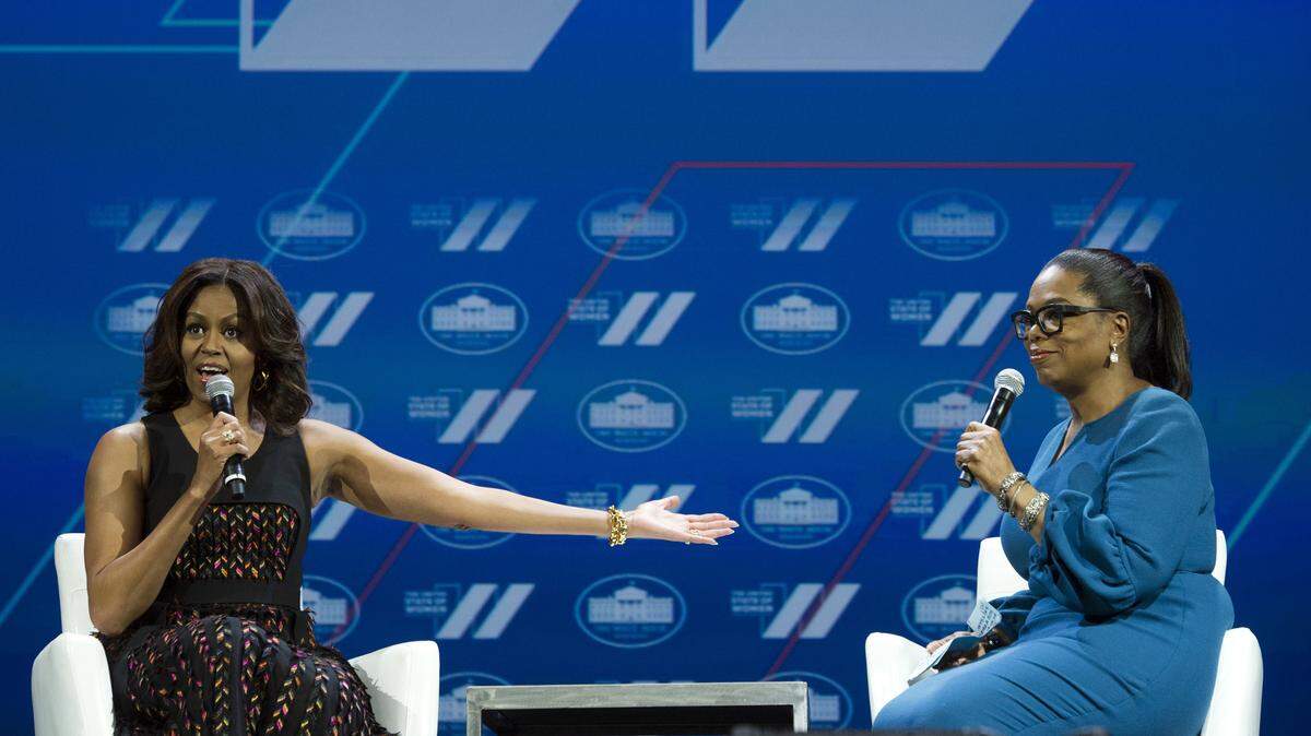 In this June 14, 2016, file photo, first lady Michelle Obama and Oprah Winfrey have a discussion on Trailblazing the Path for the Next Generation of Women during the White House Summit on the United State of Women in Washington. Obama will be interviewed by Hollywood celebrities at several stops on her book tour beginning Nov. 13. Winfrey is first up.