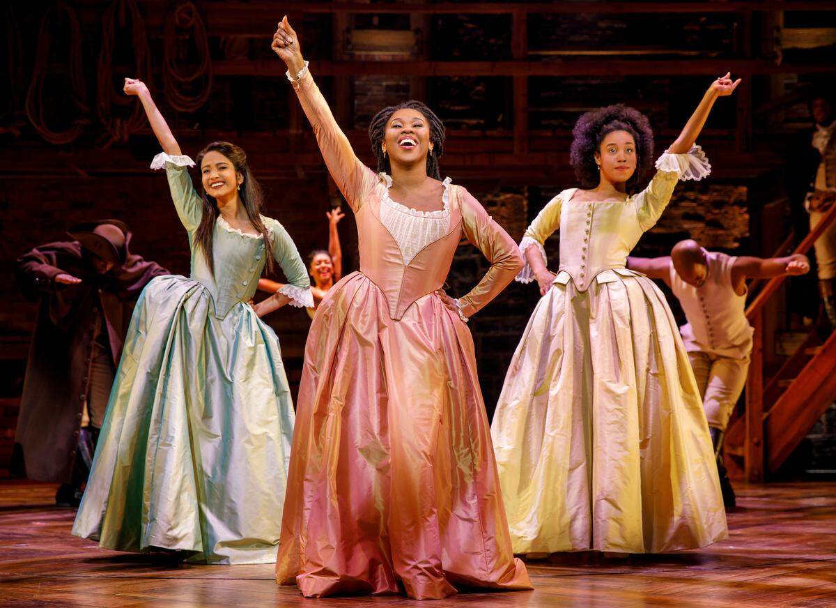 Playing the Schuyler sisters in the “Hamilton” tour coming to Kansas City, from left:  Shoba Narayan as Eliza (who goes on to marry Alexander Hamilton),  Ta’Rea Campbell as Angelica and Nyla Sostre as Peggy.