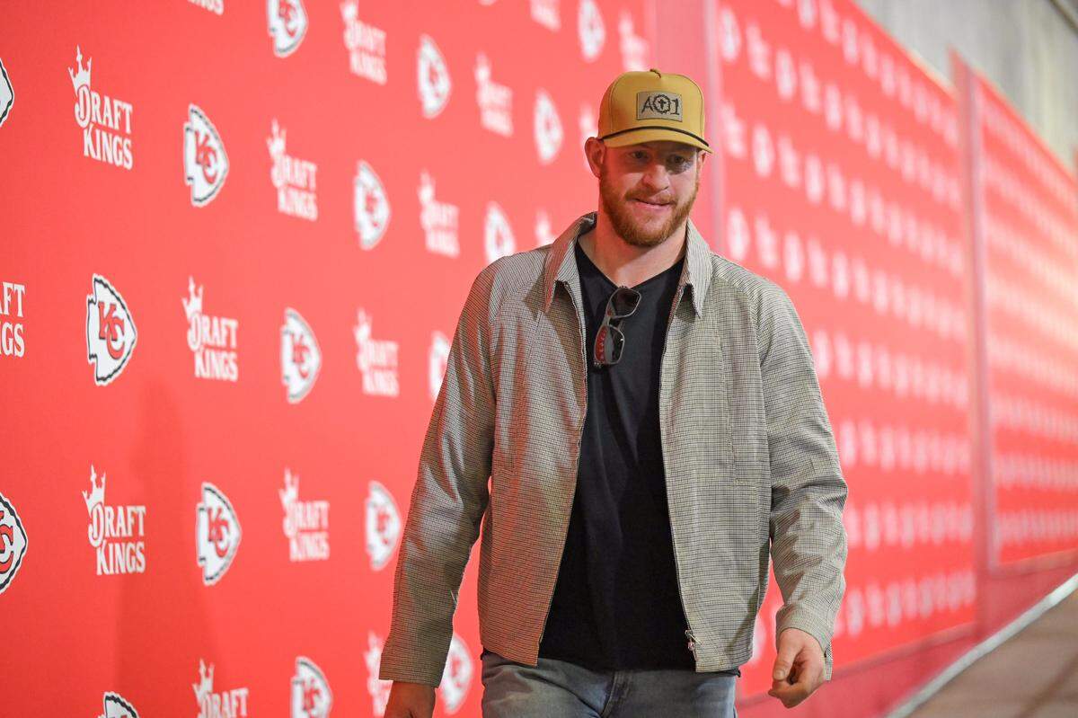 Kansas City Chiefs backup quarterback Carson Wentzon arrives to play the New Orleans Saints Monday, Oct. 7, 2024, at GEHA Field at Arrowhead Stadium.