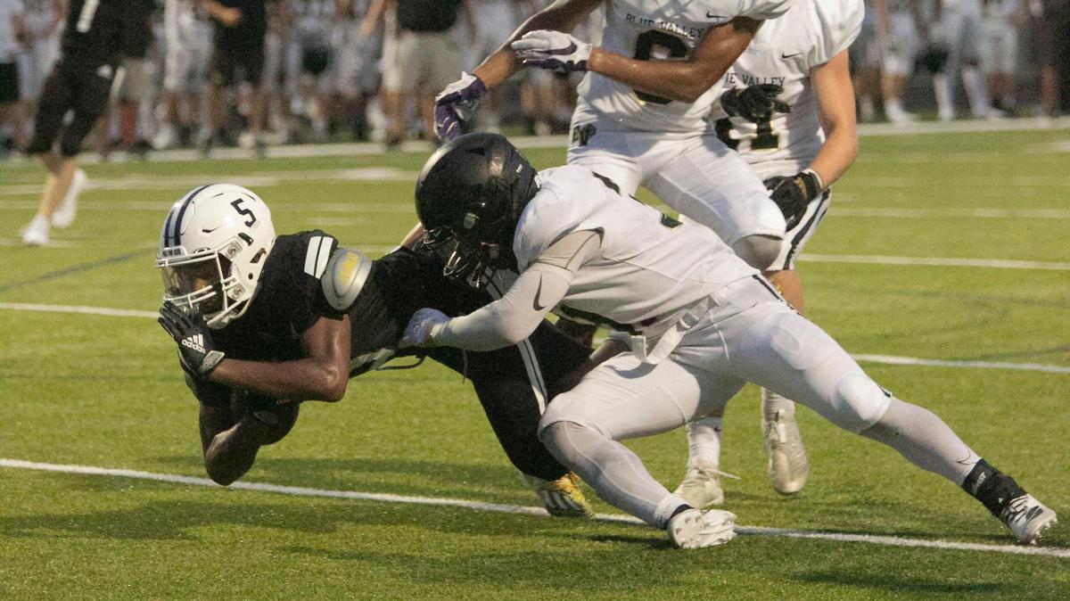 Blue Valley Northwest’s Grant Stubblefield dove into the end zone for the Huskies’ second touchdown during the game against Blue Valley on Friday, September 3, 2021 at Blue Valley Northwest.