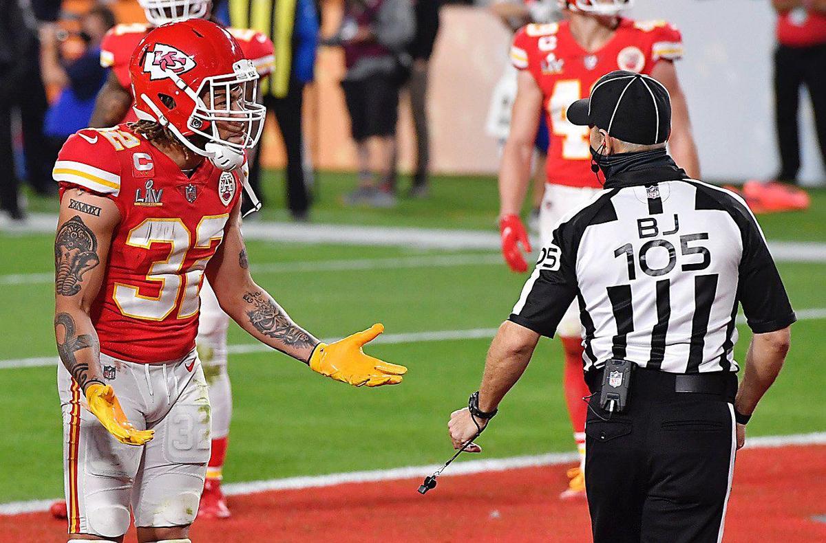 Kansas City Chiefs strong safety Tyrann Mathieu reacts to the back judge after he was called for pass interference in the Tampa Bay BuccaneersÕ end zone in the second quarter Sunday, February 7, 2021, at Super Bowl LV at Raymond James Stadium in Tampa, Florida.