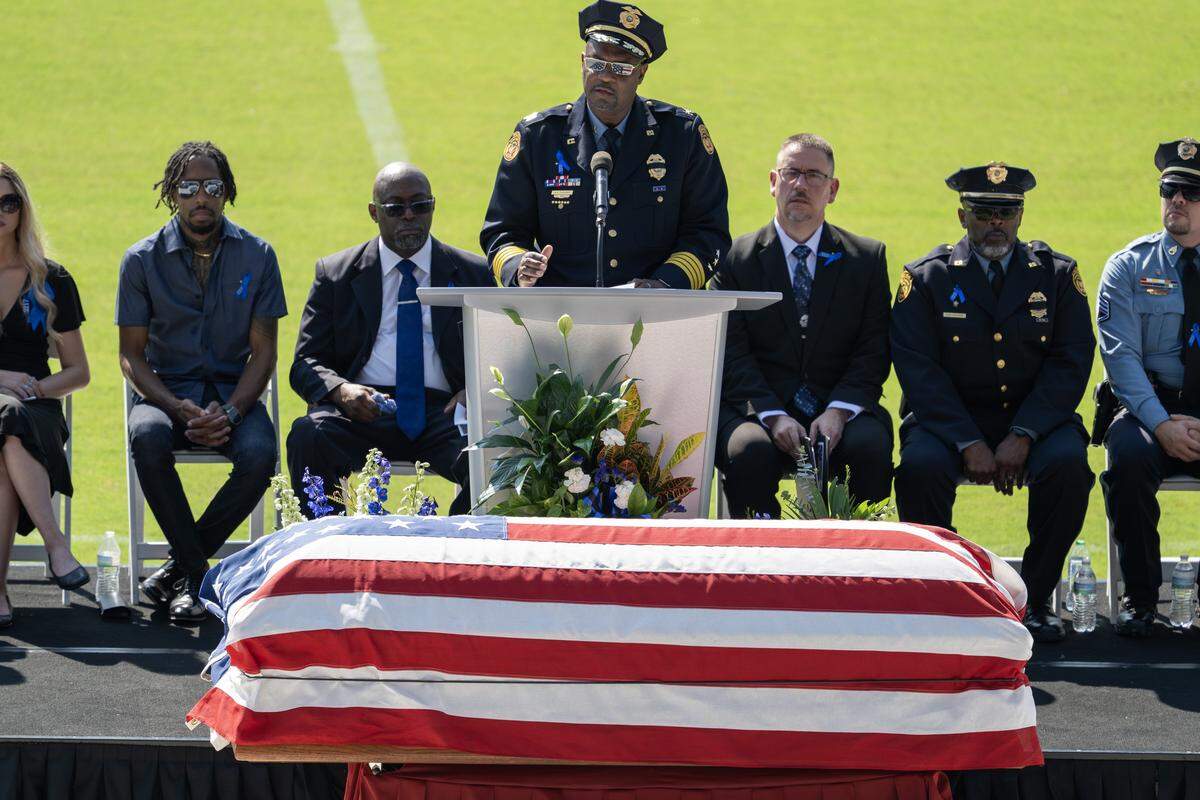 Kansas City, Kansas, Police Chief Karl Oakman speaks during Officer Hunter Simoncic's memorial service at Children's Mercy Park on Wednesday, Sept. 3, 2025, in Kansas City, Kan. Simoncic was killed Aug. 26 after being struck by a fleeing driver while deploying stop sticks.