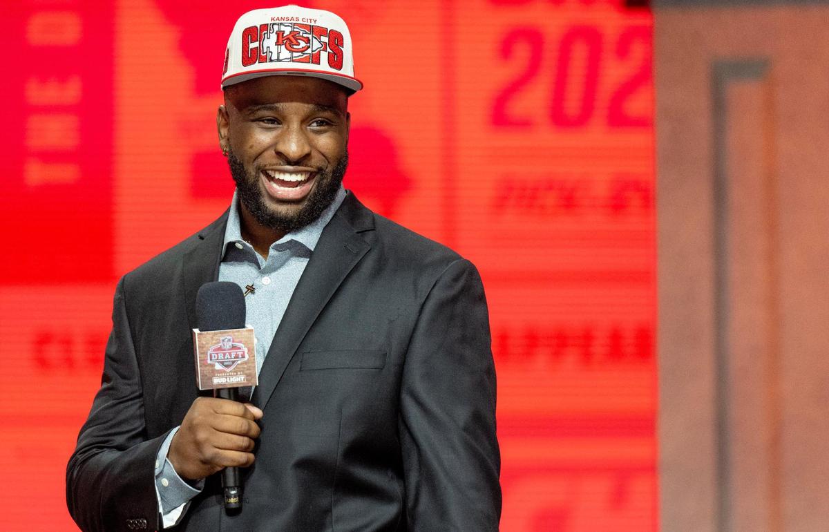 Kansas State defensive end Felix Anudike-Uzomah laughs during an interview during the NFL Draft outside of Union Station on Friday, April 28, 2023, in Kansas City. Anudike-Uzomah was selected 31st overall by the Kansas City Chiefs.