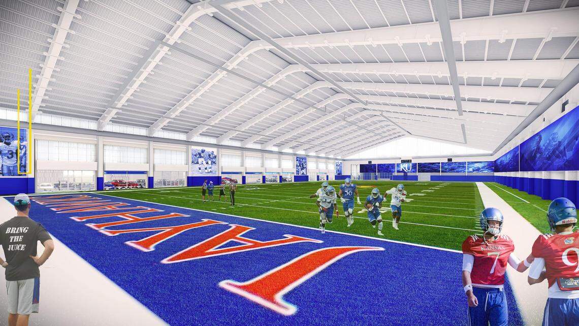 An artist's rendering of KU's $26 million indoor football practice facility that is set to be completed by late fall 2018.