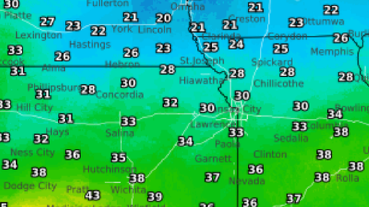 The forecast high temperatures in western Missouri and eastern Kansas on Wednesday, Jan 17, 2024, are seen on this map from the National Weather Service.