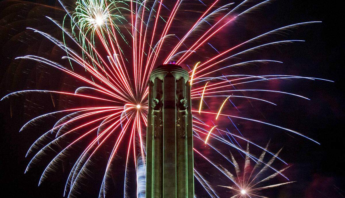 Fireworks light the sky over the National WWI Museum and Memorial during the Celebration at the Station Memorial Day event Sunday, May 25, 2025, in Kansas City.