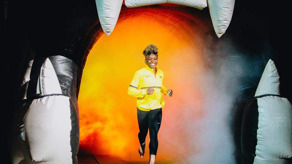 Amari Celestine runs out of the tunnel during introductions at the Missouri gymnastics meet against No. 10 Kentucky on Feb. 3, 2023, at the Hearnes Center in Columbia, Mo.