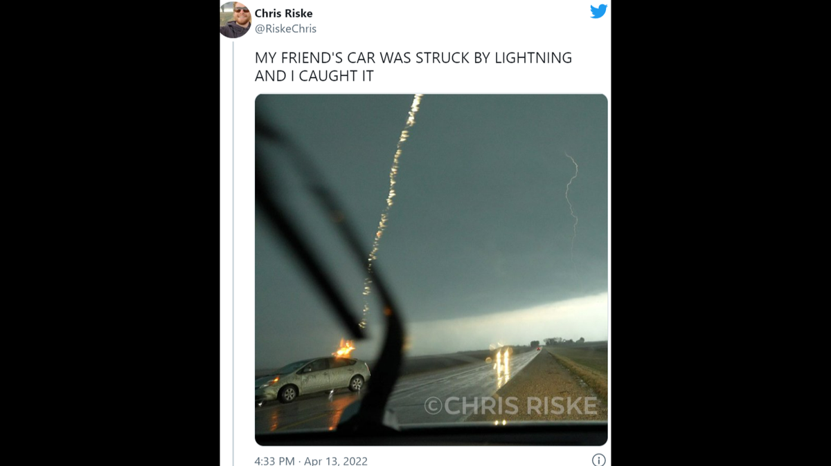 A storm chaser captured video of lightning striking a car during a thunderstorm in Iowa.