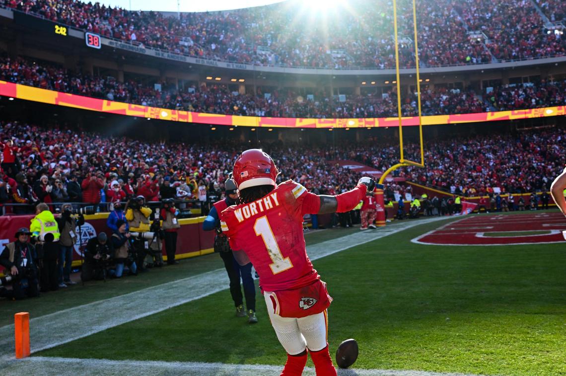 Kansas City Chiefs wide receiver Xavier Worthy (1) celebrates after scoring on the Houston Texans in the third quarter on Saturday, Dec. 21, 2024, at GEHA Field at Arrowhead Stadium.